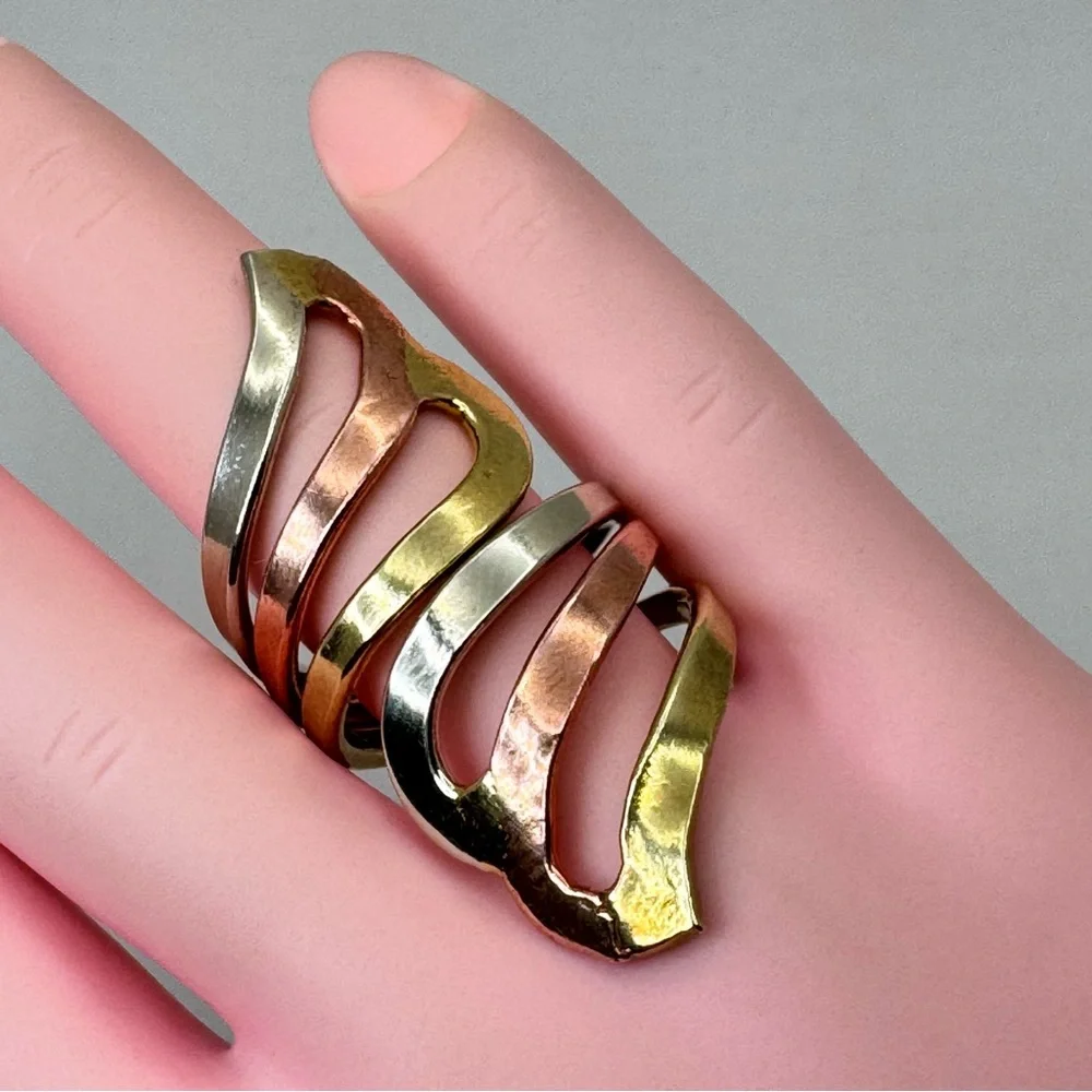 Vintage Mexico Tri Tone Silver Gold Rose Gold Statement Ring Boho